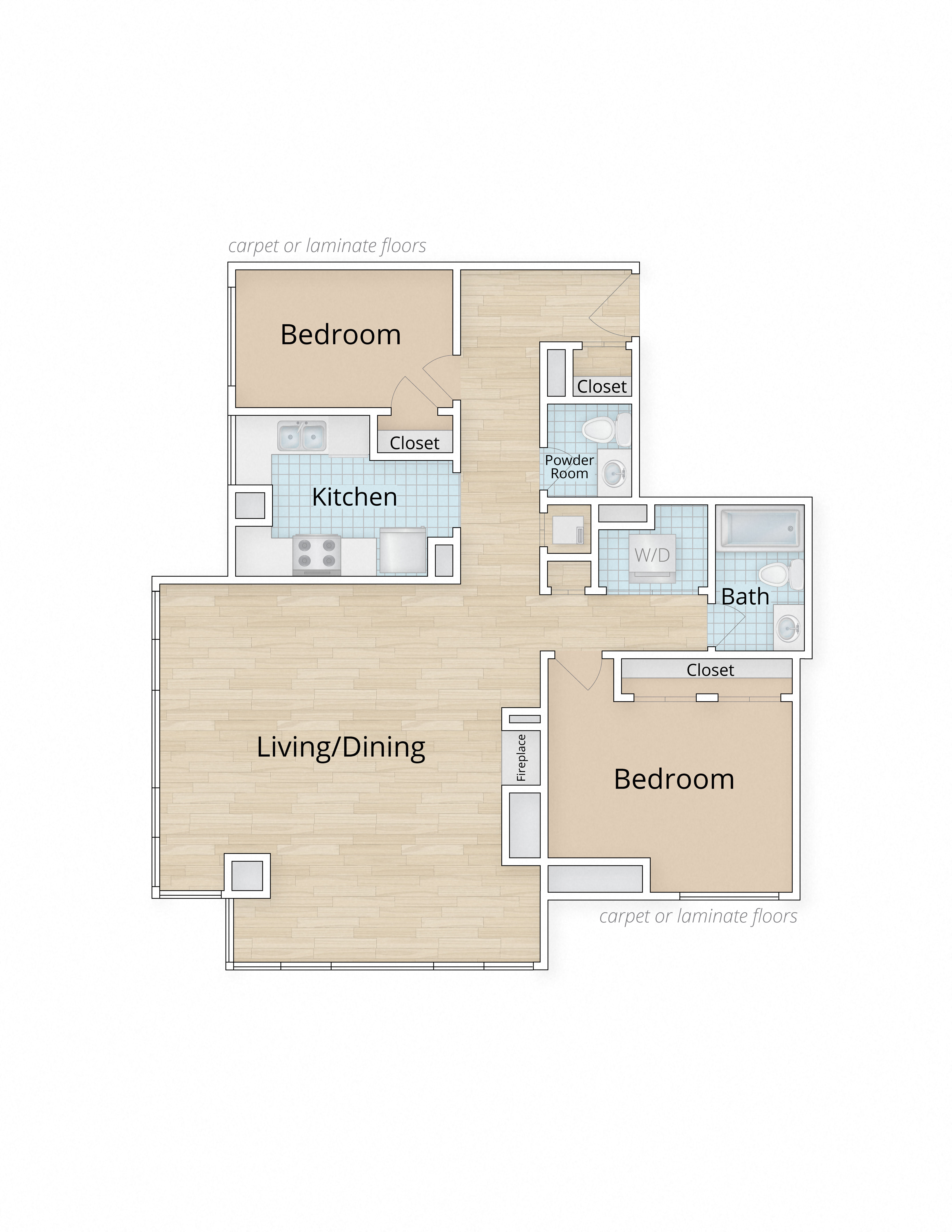 Floor plan for 2 beds, 1.5 baths, 1100 sqft